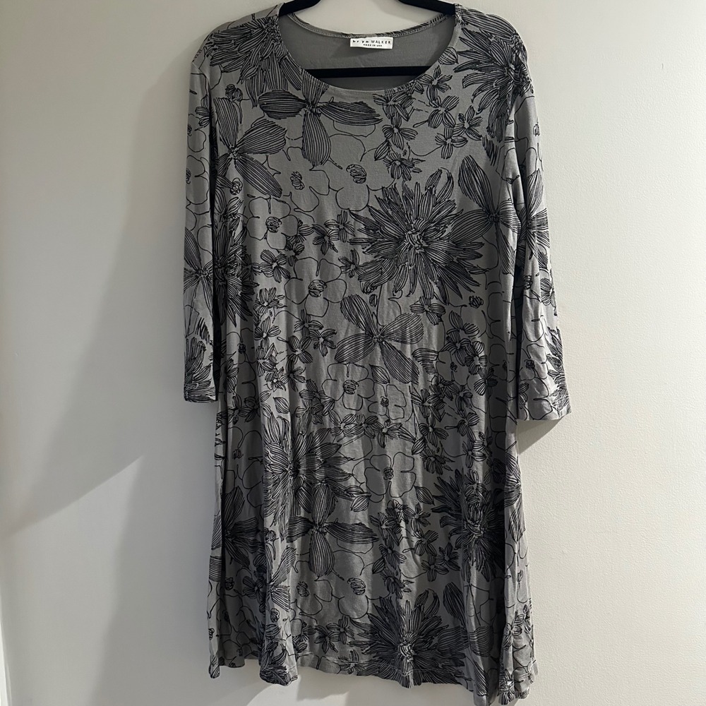 Bryn Walker Tunic Dress Womens Large‎ Grey Black Floral 3/4 Sleeve USA